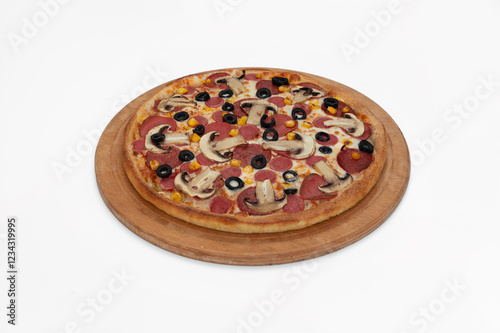Pizza with salami mushrooms and cheese on a white background
