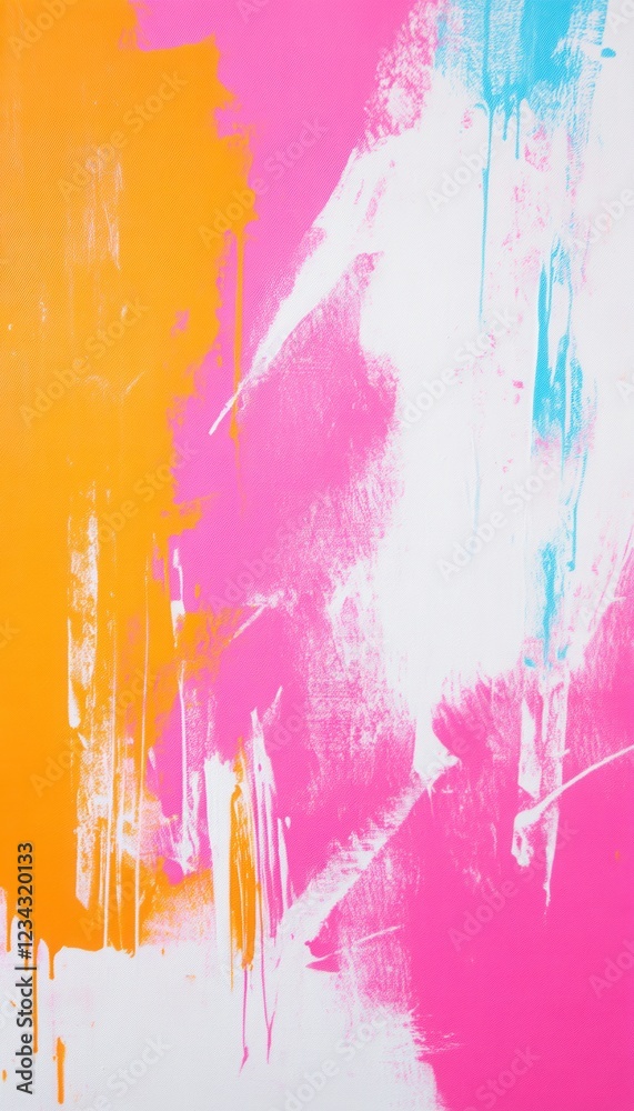 Fototapeta premium Abstract art featuring vibrant pink, orange, and light blue paint strokes on a white canvas.