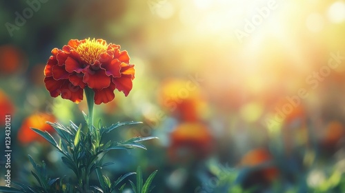 Vibrant Red Marigold Flower Blooming in a Sunlit Garden with a Soft Background
