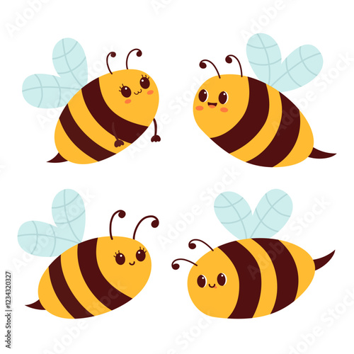 Set of cute bees. Vector illustration of doodle bee in flat style isolated.