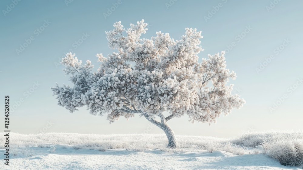 Frosty tree in winter landscape; serene scene Frosty tree in winter landscape; serene scene