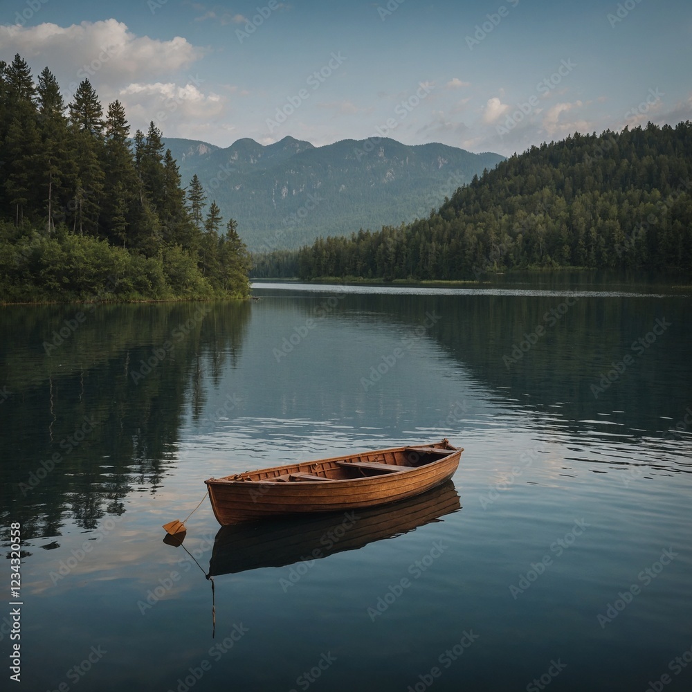 A small wooden boat floating alone on a still lake. A small wooden boat floating alone on a still lake.
