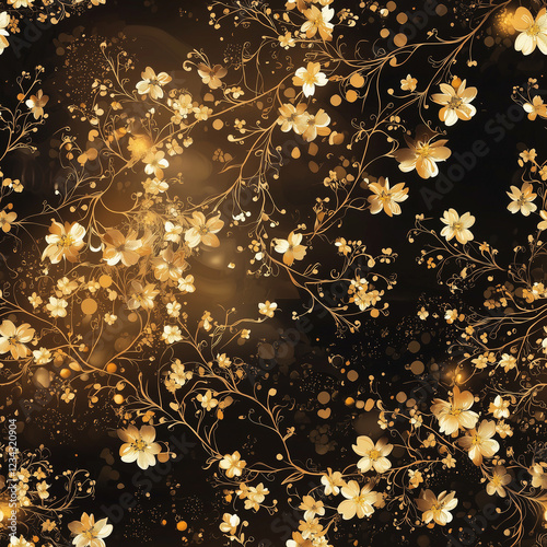Golden floral pattern with shimmering effects on a dark background.