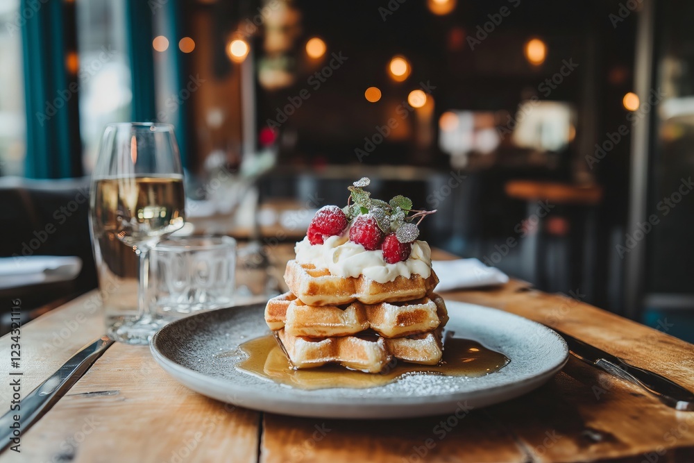 Delicious waffles with whipped cream and fruit for brunch are beautifully plated, garnished with fresh berries and mint on a rustic wooden table. Delicious waffles with whipped cream and fruit for brunch are beautifully plated, garnished with fresh berries and mint on a rustic wooden table.