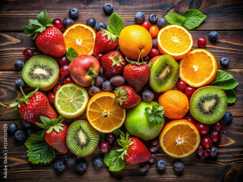 Vibrant oranges, kiwis, grapes, and strawberries burst on a dark wood background. Vibrant oranges, kiwis, grapes, and strawberries burst on a dark wood background.