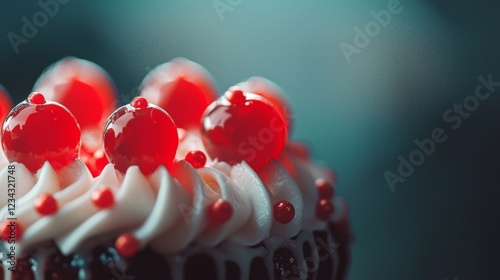 Decadent cake topped with cherries and whipped cream
