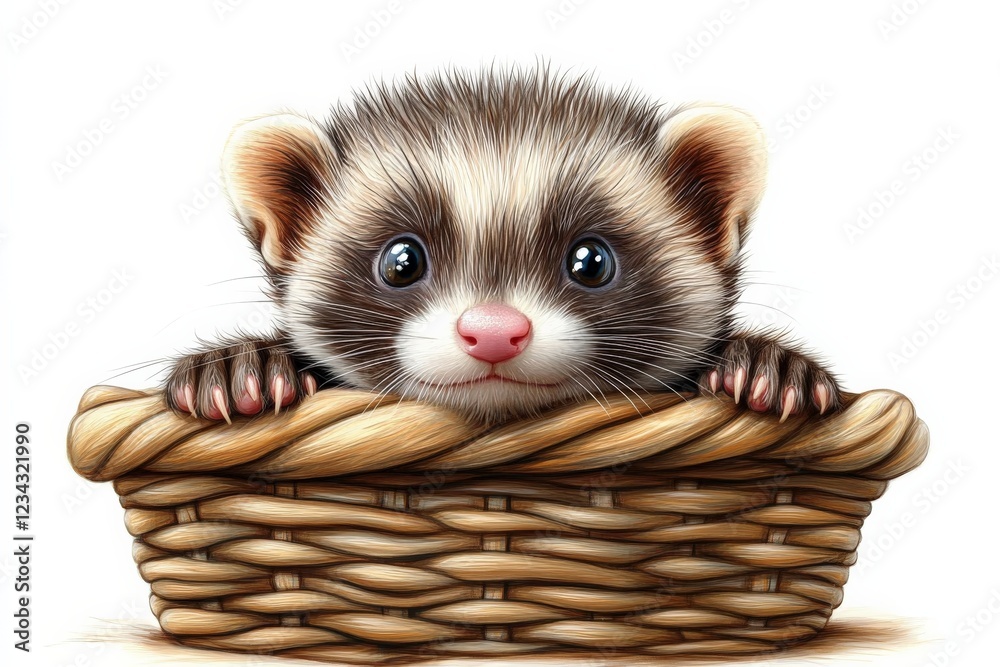 Cute ferret peeking out of a woven basket in a cozy indoor setting during the afternoon Cute ferret peeking out of a woven basket in a cozy indoor setting during the afternoon