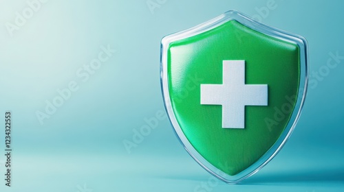 A shiny green shield symbolizing health and protection, featuring a white cross, ideal for health and safety themes.
