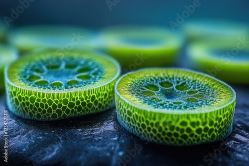 Microscopic view of vibrant green aquatic plant cross-sections revealing intricate cellular structures. photo