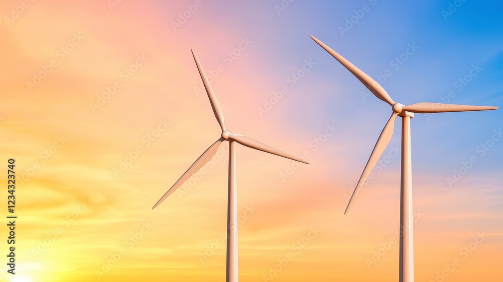 Obraz premium Two Wind Turbines at Sunset Clean Energy and a Vibrant Sky
