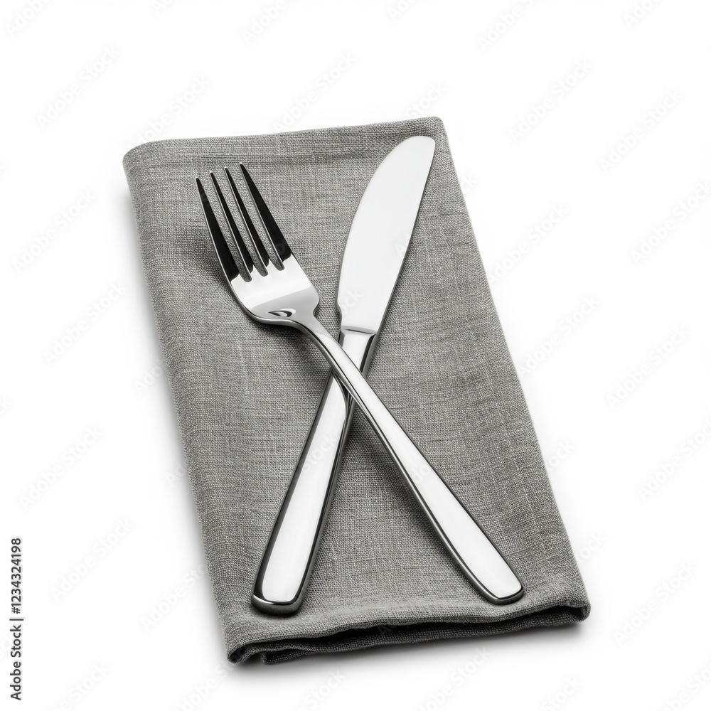 Sleek Silver Fork and Knife Crossed on Linen Napkin Sleek Silver Fork and Knife Crossed on Linen Napkin