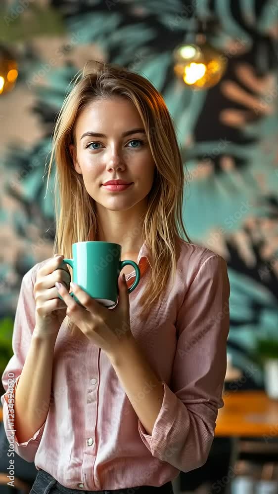Young woman holding a teal mug in a vibrant caf? with tropical decor Young woman holding a teal mug in a vibrant caf? with tropical decor
