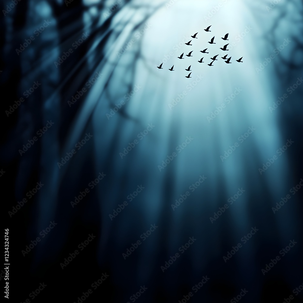 Obraz premium Flock of Birds in Flight Through Dark Blue Forest Sunlight