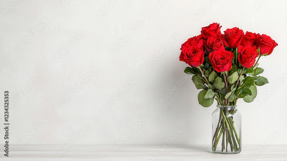 Fototapeta premium Vibrant Red Roses in Glass Vase on White Background