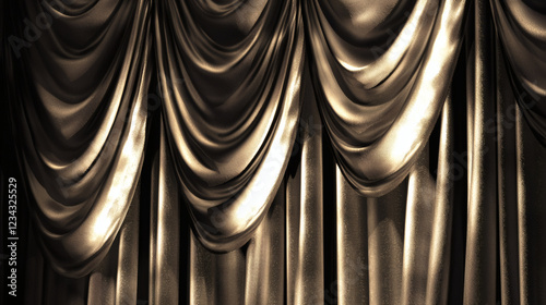Black and white photograph of a curtain draped elegantly in a soft natural light setting