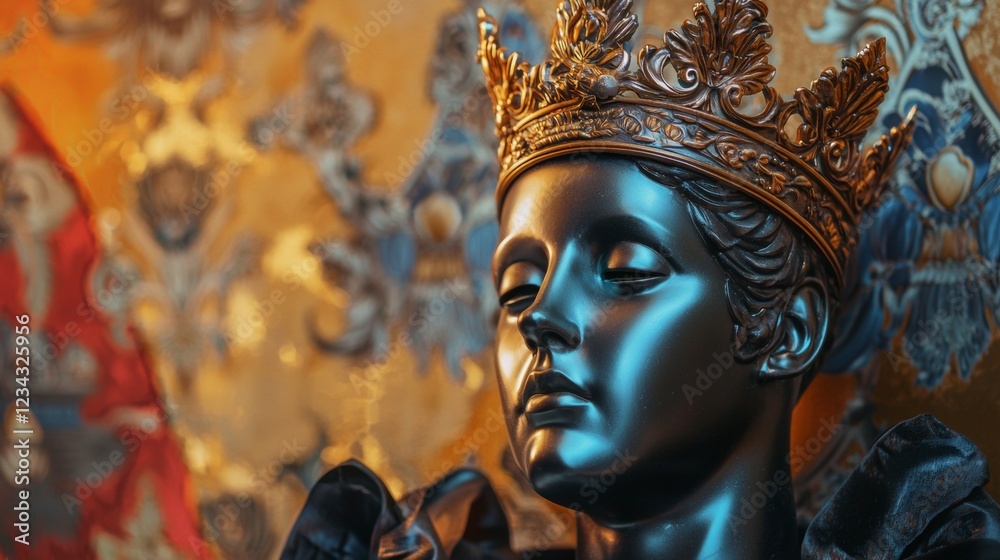 Fototapeta premium Sculptural portrait of a regal figure with ornate crown and rich textures