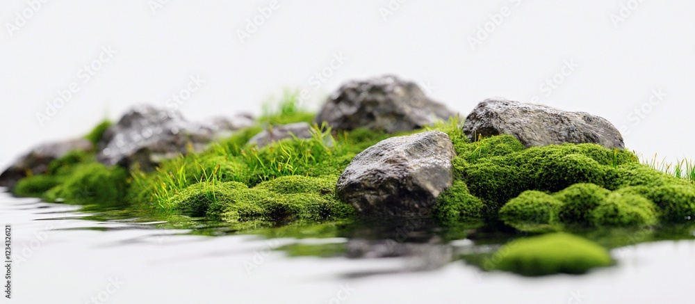 Mossy rocks on water, serene nature scene, minimalist design, zen garden Mossy rocks on water, serene nature scene, minimalist design, zen garden