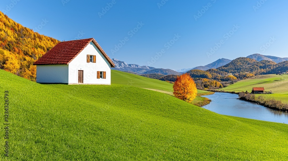 Obraz premium White House on a Green Hill by a River in Autumn