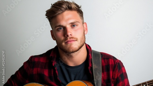 Portrait of a Young Musician with Acoustic Guitar photo