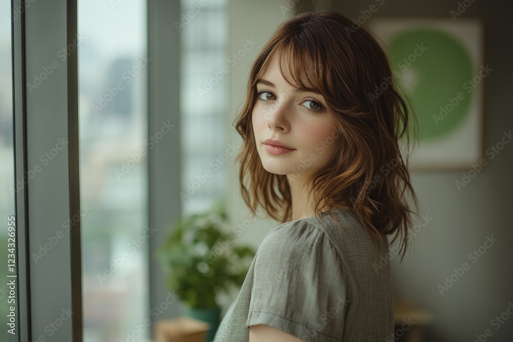 A young woman with shoulder-length brown hair looks over her shoulder, gazing towards the viewer. A young woman with shoulder-length brown hair looks over her shoulder, gazing towards the viewer.