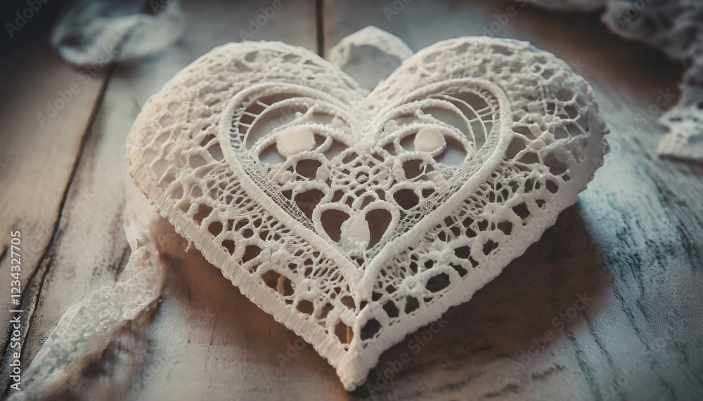 Obraz premium Photography capturing the details of a delicate lace heart, conveying a vintage and romantic feeling