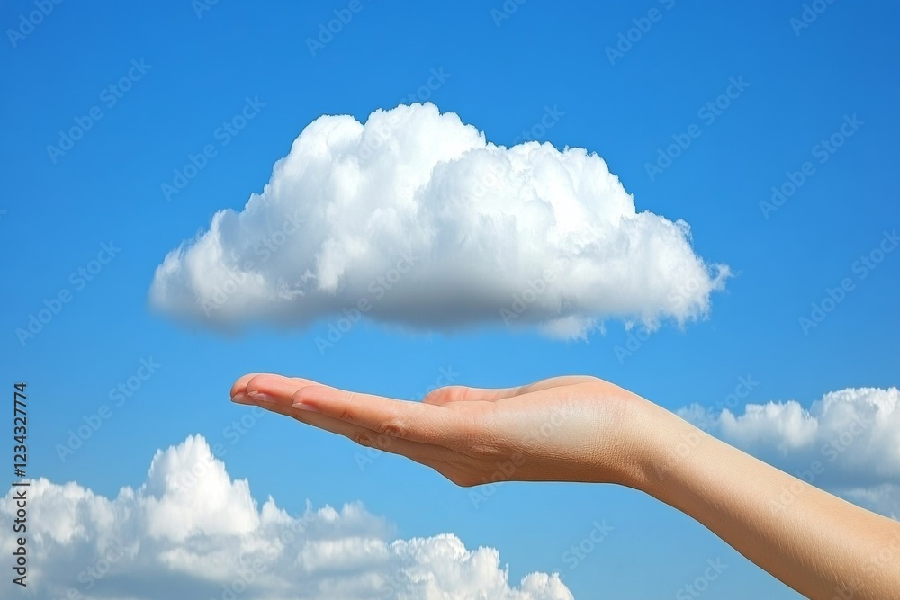 A Hand Holding a Fluffy White Cloud Against a Vivid Blue Sky A Hand Holding a Fluffy White Cloud Against a Vivid Blue Sky