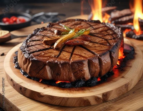 Sizzling steak on a wooden plate with charred surface , sizzling steak, juicy texture, appetizing meal photo