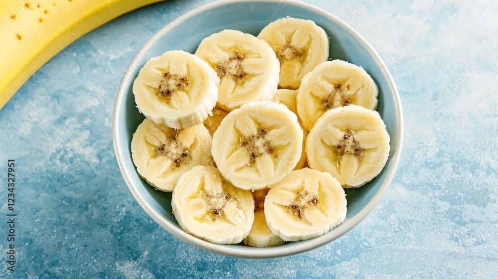 Freshly Sliced Bananas in a Bowl on a Vibrant Blue Background Freshly Sliced Bananas in a Bowl on a Vibrant Blue Background