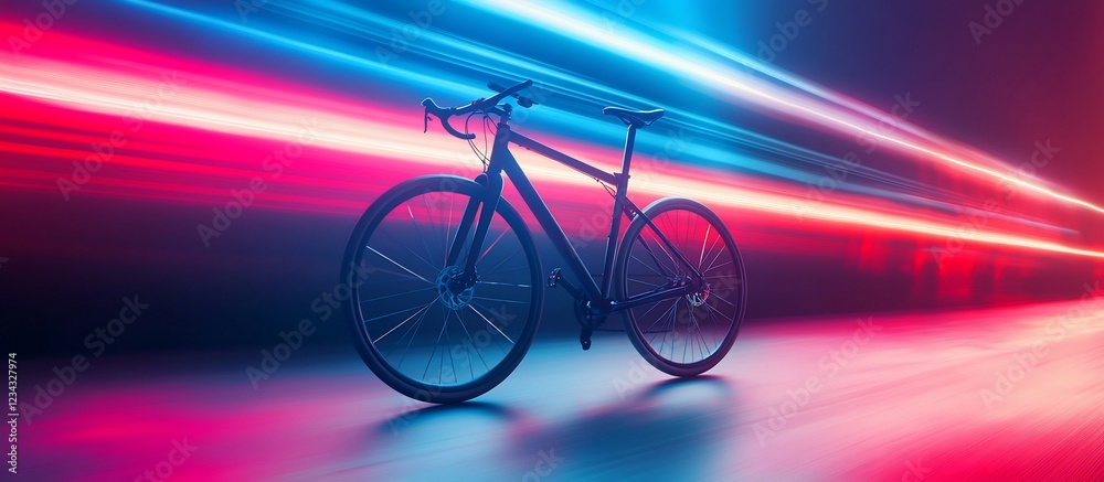 Fototapeta premium Black road bike in neon tunnel, speed lines background, cycling advert