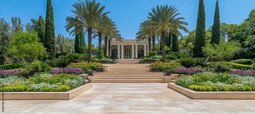 Obraz premium Serene Symmetry A Travertine Staircase Leading to a Tranquil Building Amidst Lush Gardens