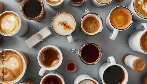 Multiple cups of coffee with variety of coffee drinks overhead view , with white tonespng