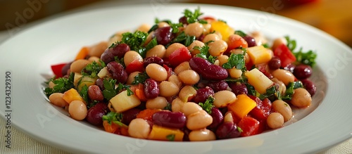 Colorful bean salad with peppers, herbs, served on a plate photo