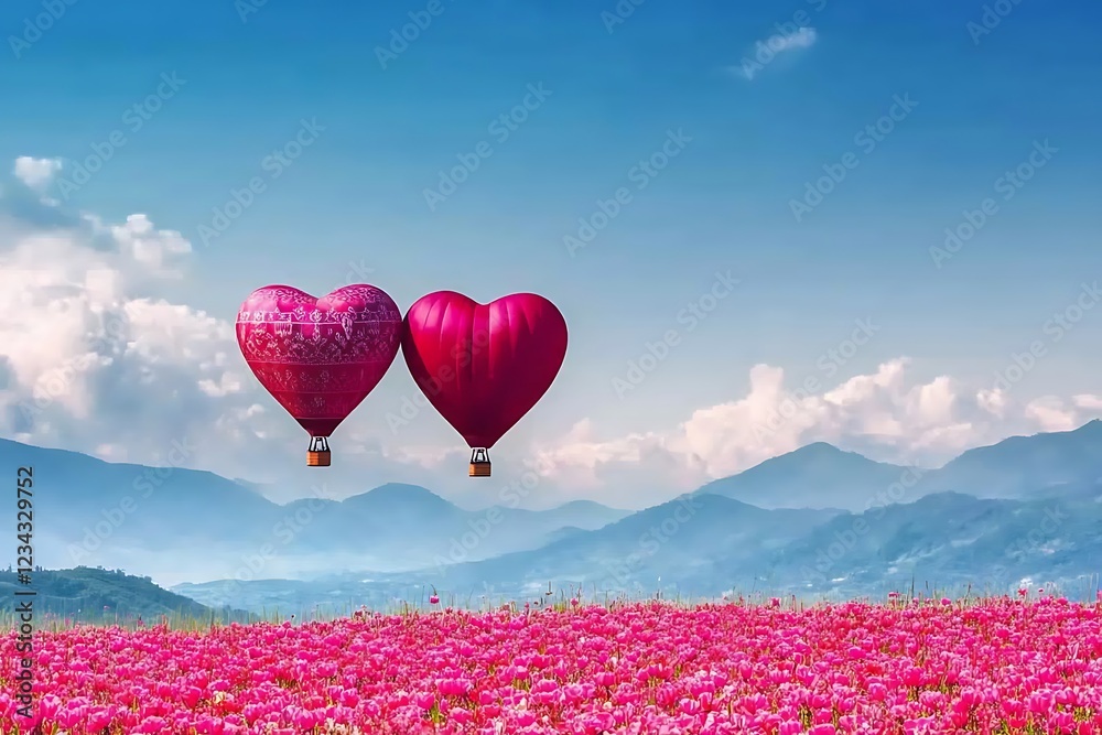 Fototapeta premium Heart-Shaped Hot Air Balloons Over a Field of Pink Tulips