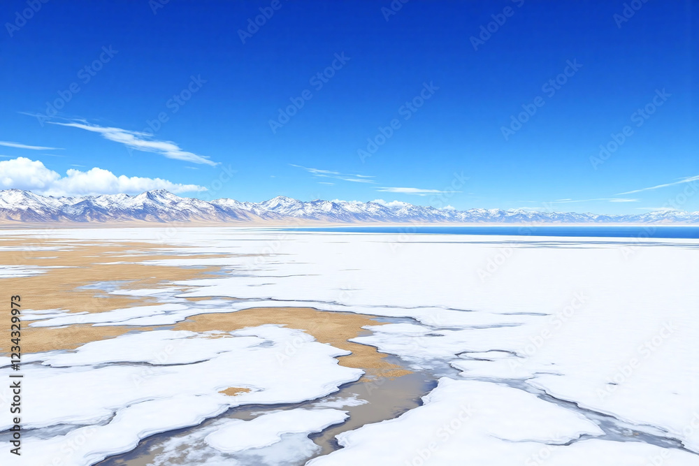 Fototapeta premium Snow covered land with mountains in background