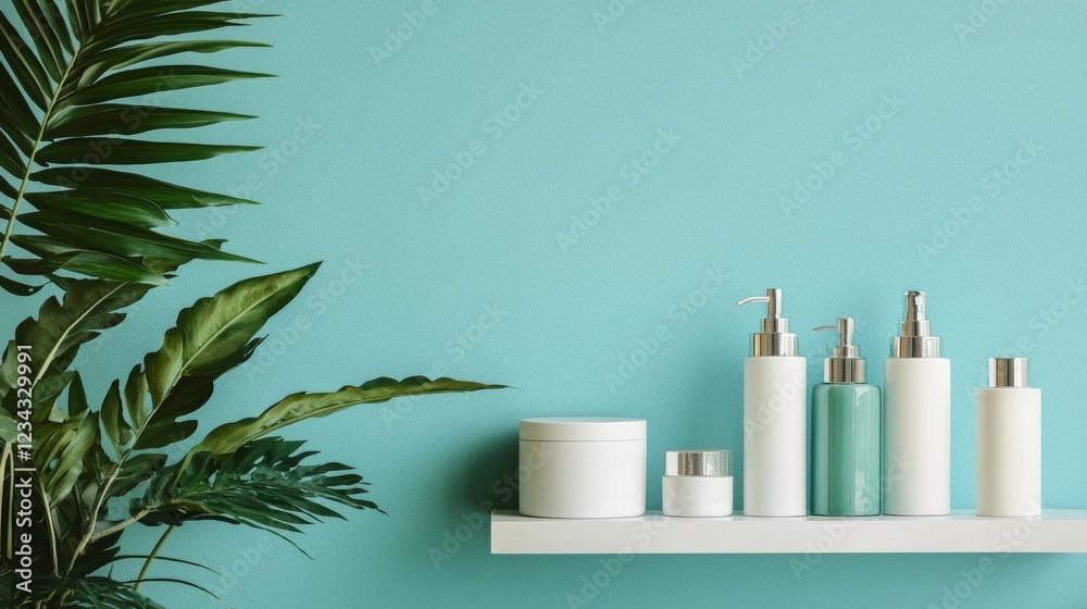 Minimalist bathroom setup with blue tones and greenery Minimalist bathroom setup with blue tones and greenery