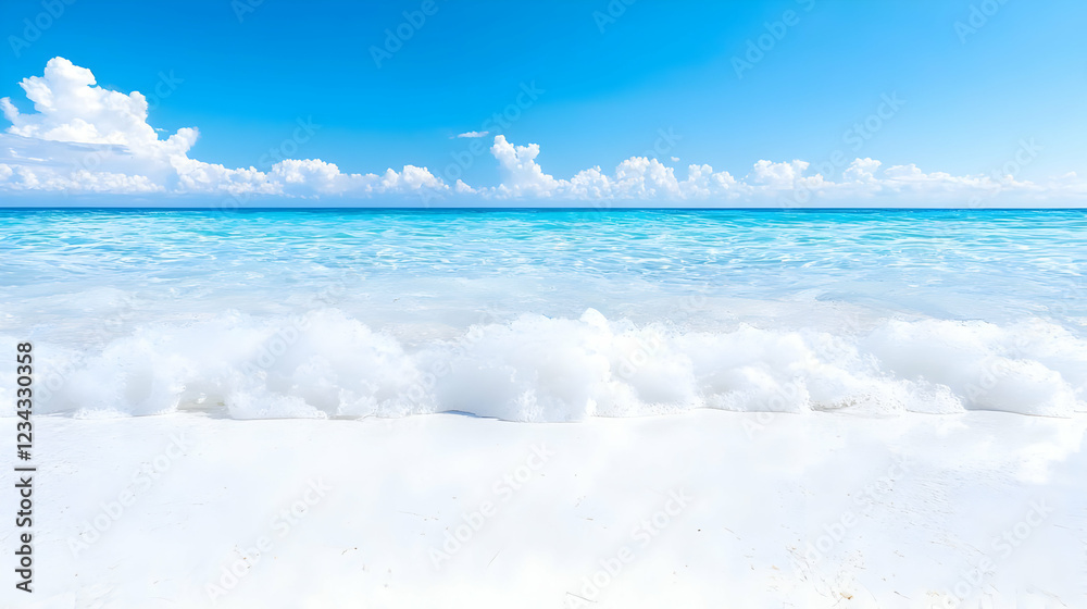 Fototapeta premium Tropical beach, turquoise ocean waves, white sand, sunny sky, travel backdrop