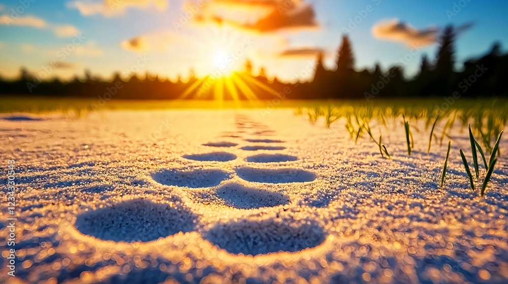 Fototapeta premium Footprints in Snow at Sunset