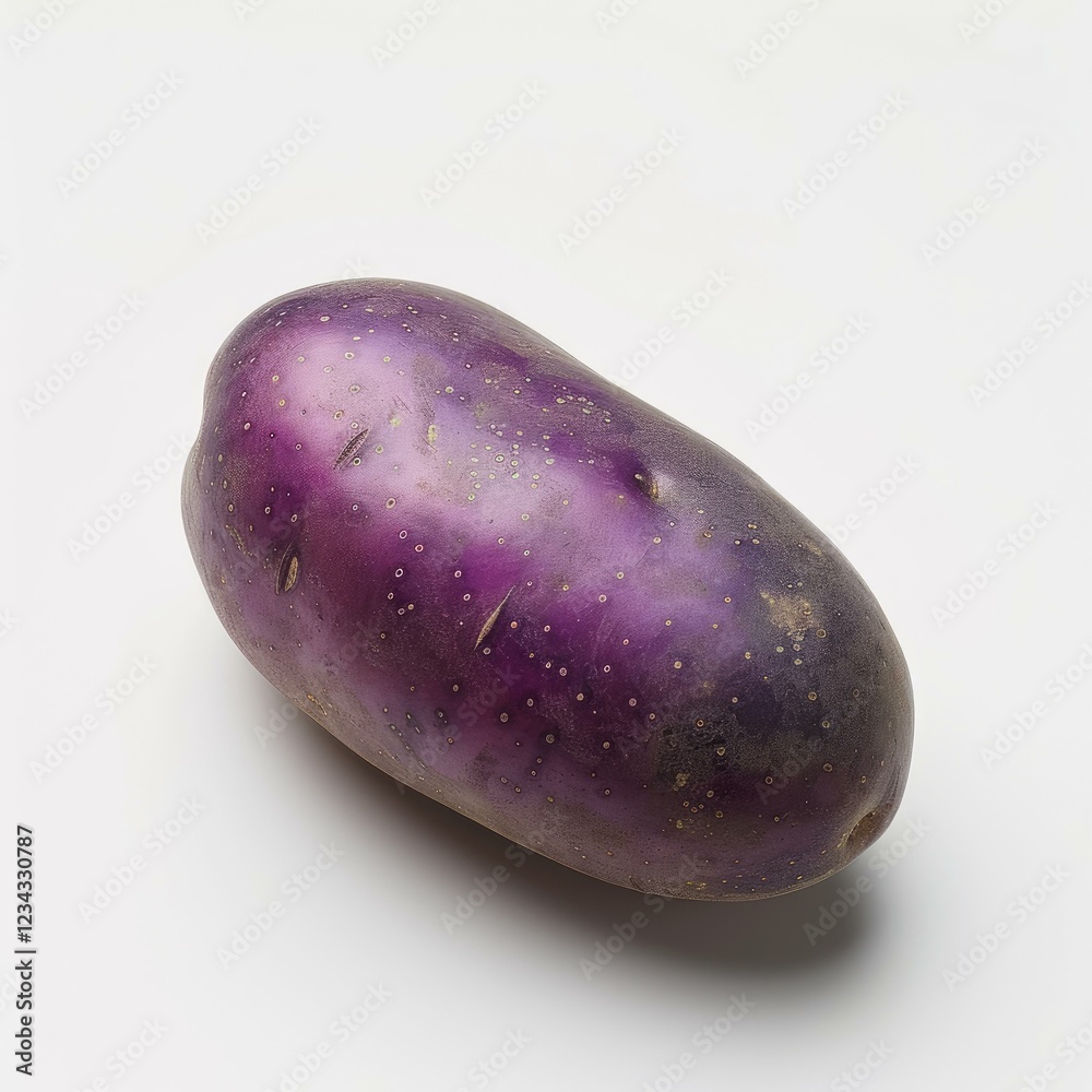 Vibrant purple potato sitting on a clean white background, showcasing its unique color and texture Vibrant purple potato sitting on a clean white background, showcasing its unique color and texture