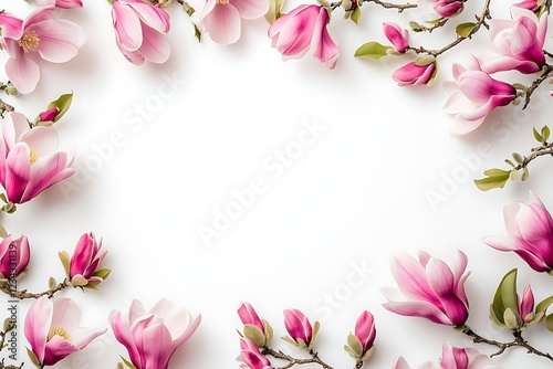 Delicate Pink Magnolia Flowers Frame a Blank Background
