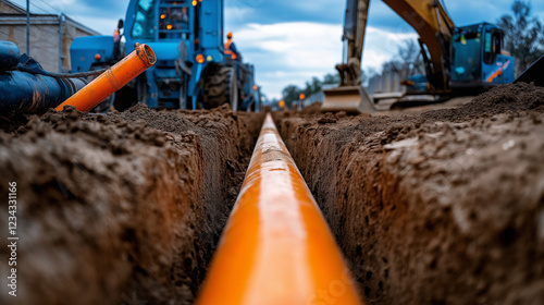 A combination of orange and blue pipes laid parallel in a trench, surrounded by freshly dug earth and construction tools. photo