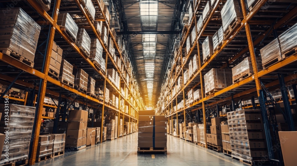 Warehouse aisle with industrial lighting Warehouse aisle with industrial lighting