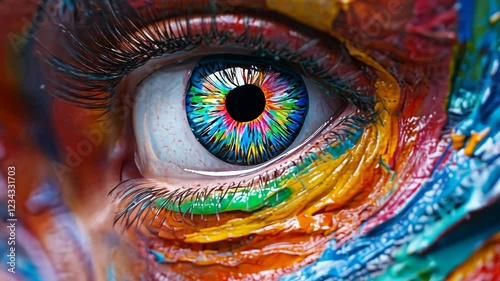 Vibrant close-up of an eye adorned with colorful face paint reflecting creativity and artistic expression in a captivating style