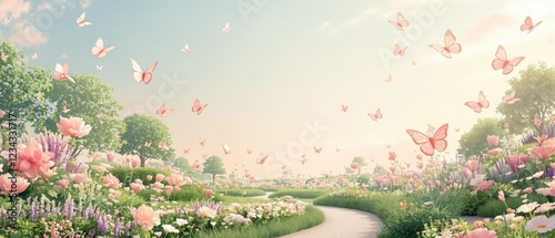 Pastel pink butterflies flitting around delicate flowers in a whimsical garden setting, playful, whimsy photo