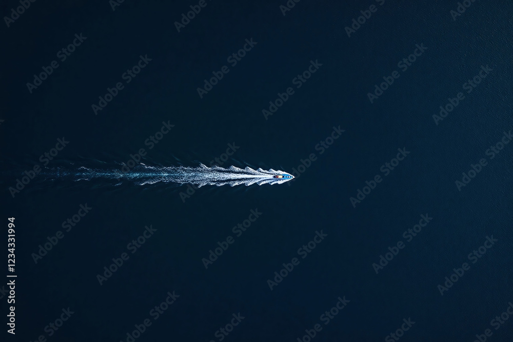 Small boat navigating through deep blue water Small boat navigating through deep blue water