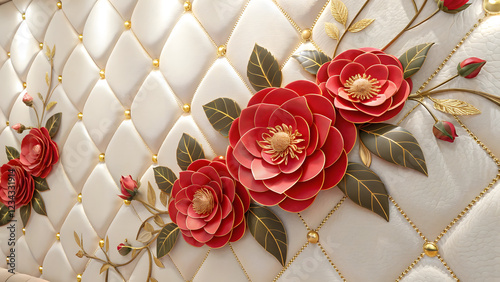 3d wallpaper design with Stretch Ceiling Decoration for living room with wedding red reses on a bouquet photo