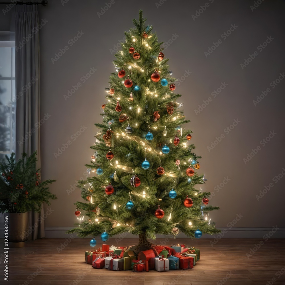spruce Christmas tree decorated with lights, ornaments, and garlands, garlands for tree, holiday ornaments, seasonal decor