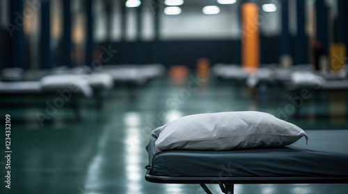 Close-up of a single cot with a pillow and blanket in a gym, surrounded by rows of other cots, emphasizing a temporary emergency shelter. photo