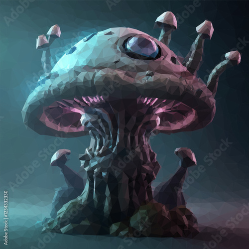 Fantastic mushroom creature. Vector illustration. Triangular design.