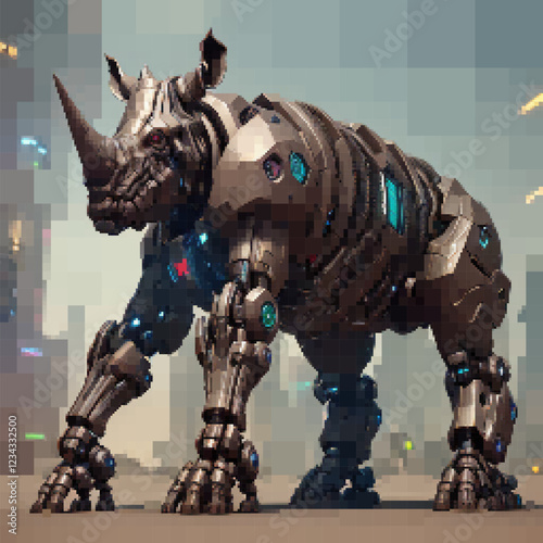 Rhinoceros cyborg. Vector colorful illustration. Rectangular design.