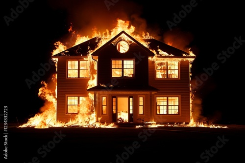 A two story house fully engulfed in raging flames at night, with fire consuming the structure and lighting up the dark surroundings.